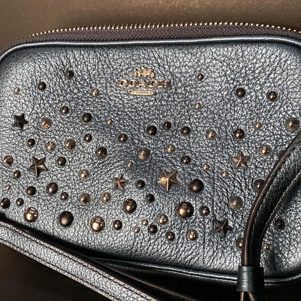 Coach Crossbody Metallic Blue Studded Rivets Star NASA Wristlet Bag Purse Wallet - Picture 3 of 15